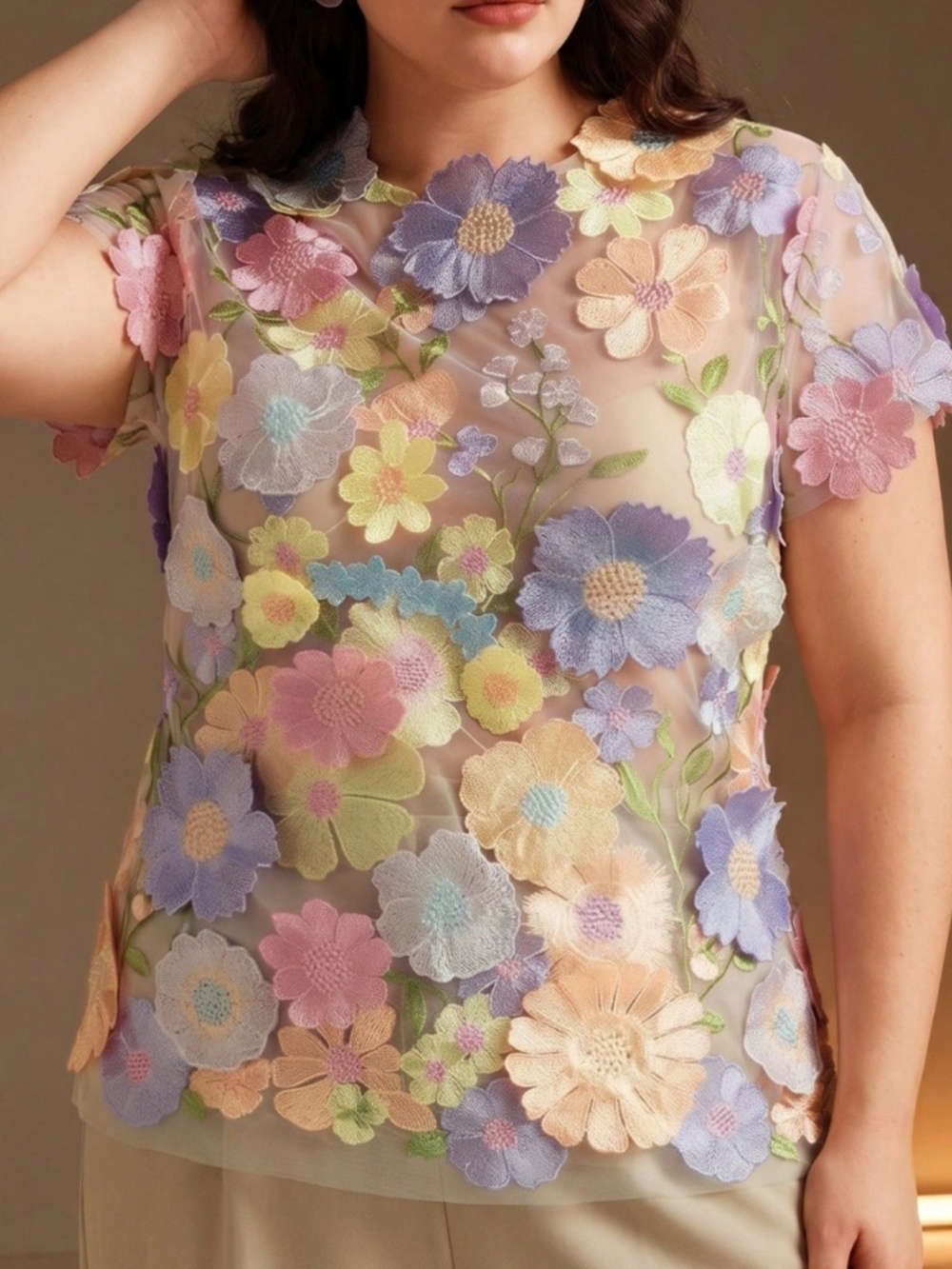 Classic Floral Applique Semi Sheer Short Sleeve Blouse - Picture 3 of 5